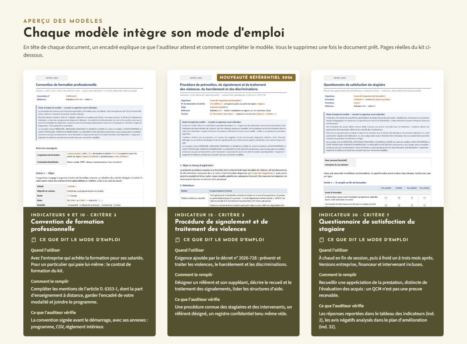 Aperçus des modèles et mode d'emploi du pack